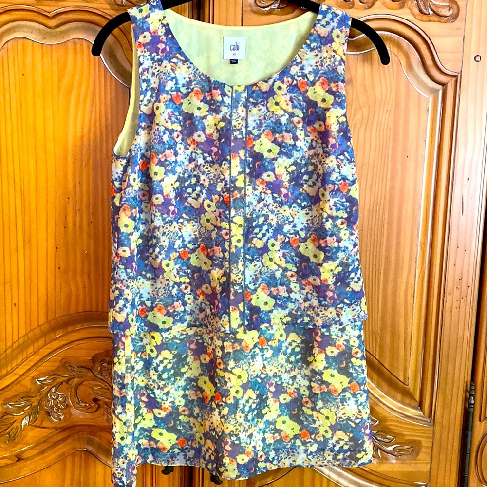 CAbi colorful blue and yellow floral print top.
